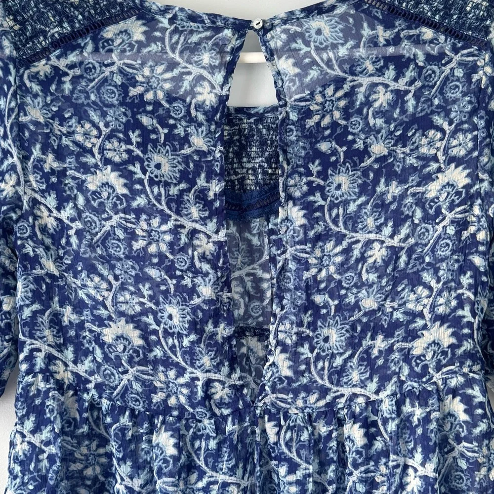 Abercrombie Kids Girl’s Blue Sheer Floral Smocked Blouse Boho Cottagecore Size M